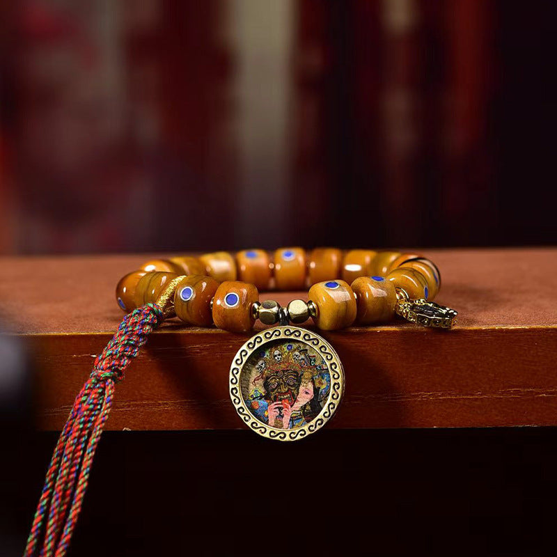 Tibetan Old Silver and Lapis Lazuli Inlaid Bracelet with Small Tangka Pendant – Tibetan Yak Bone Bracelet