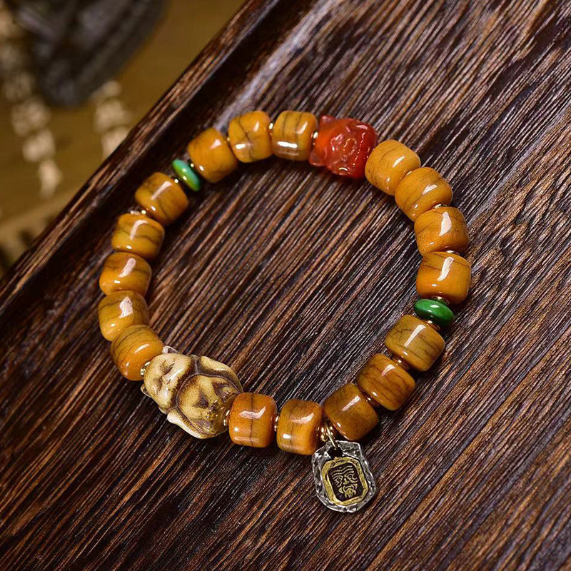 Tibetisches Kamelknochenarmband mit Achat-Dzi-Perlen und Yakknochen-Fuchsanhänger – Einzigartiges handgefertigtes Armband im tibetischen Stil