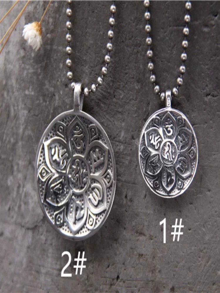Pendentif rond en argent sterling S925 avec inscription « mantra rétro à six caractères »