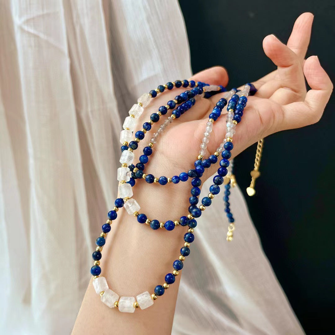 Collier vintage en lapis-lazuli naturel, cristal blanc, pierre de lune grise, chaîne de clavicule