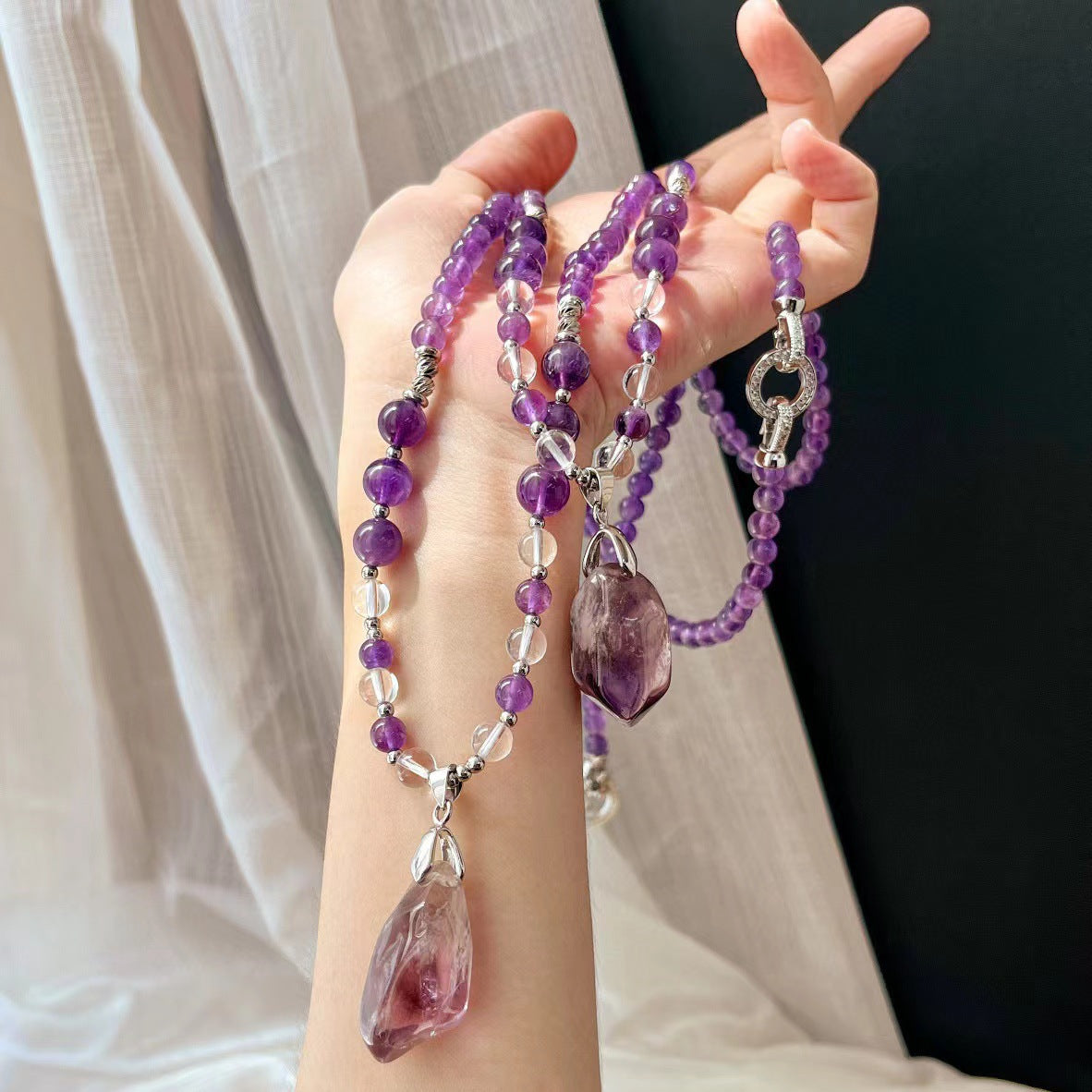 Natürliche Amethyst Halskette Handgefertigter Perlenanhänger Exquisite Schlüsselbeinkette