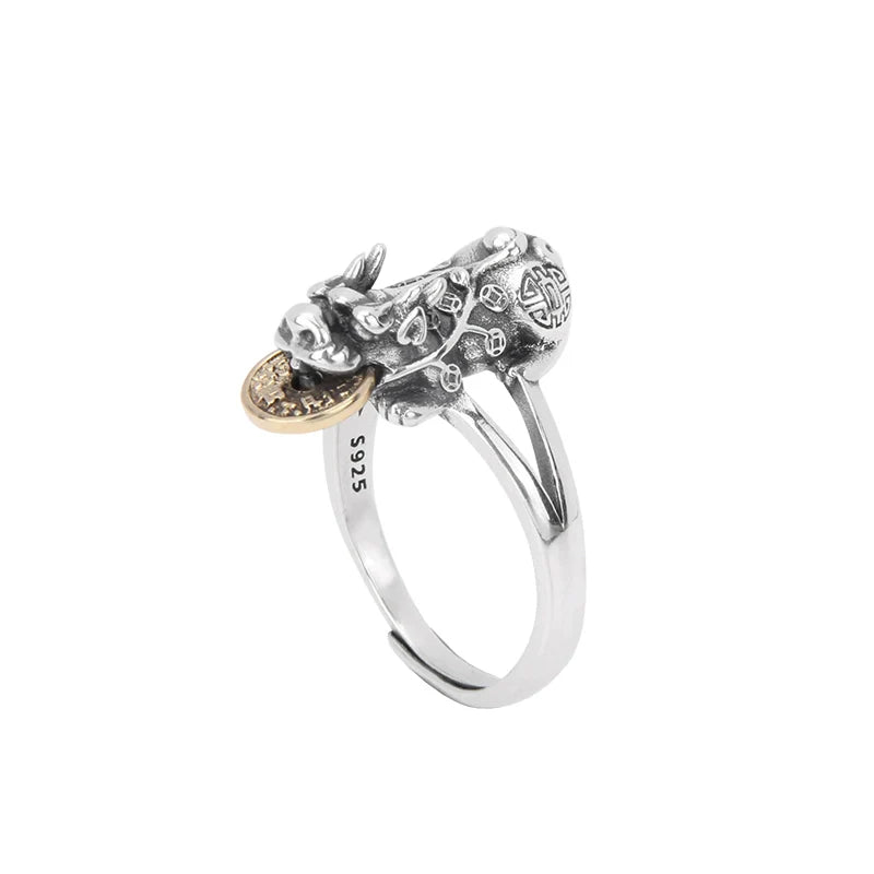 Bague Pixiu vintage en argent S925, pièce porte-bonheur, pour homme, design ouvert