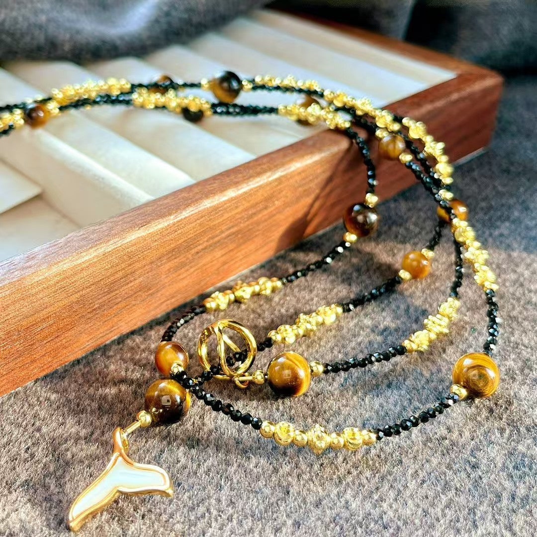 Collier vintage en pierre naturelle œil de tigre et perles de cristal artificiel