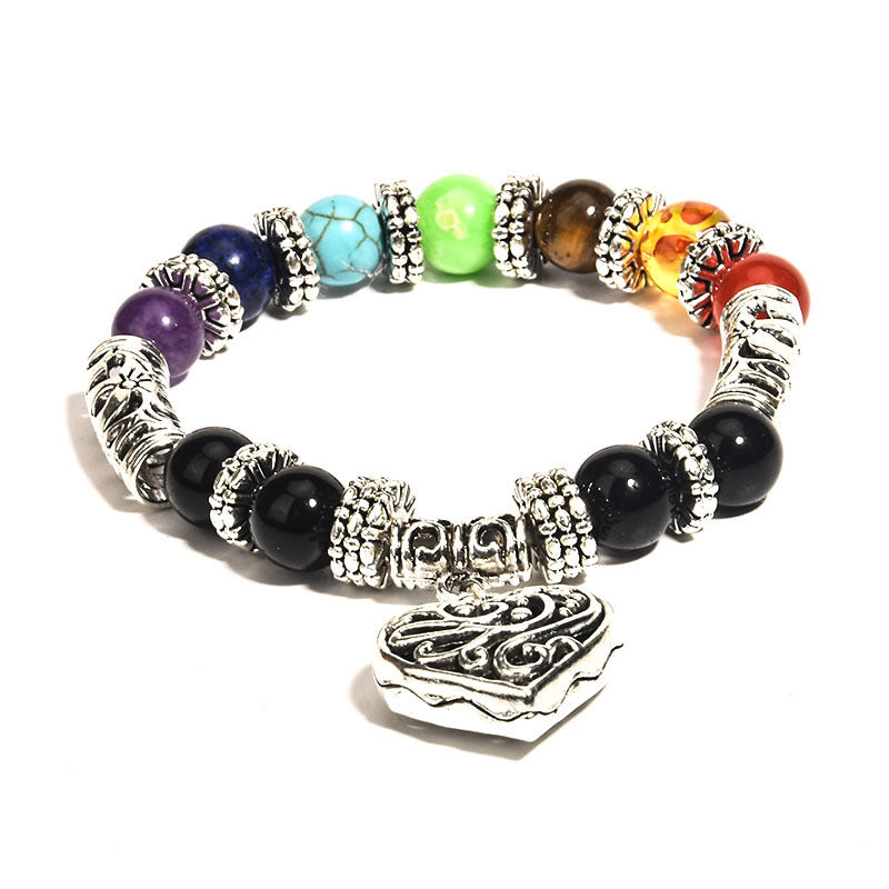 Healing Chakra Bracelet for Meditation Matte Agate Charm Heart Gemstone Health Bracelet