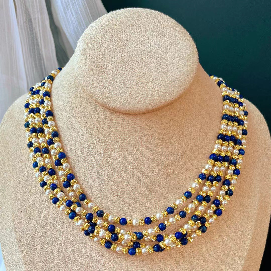 Collier vintage en perles de lapis-lazuli naturelles, chaîne multicouche pour clavicule