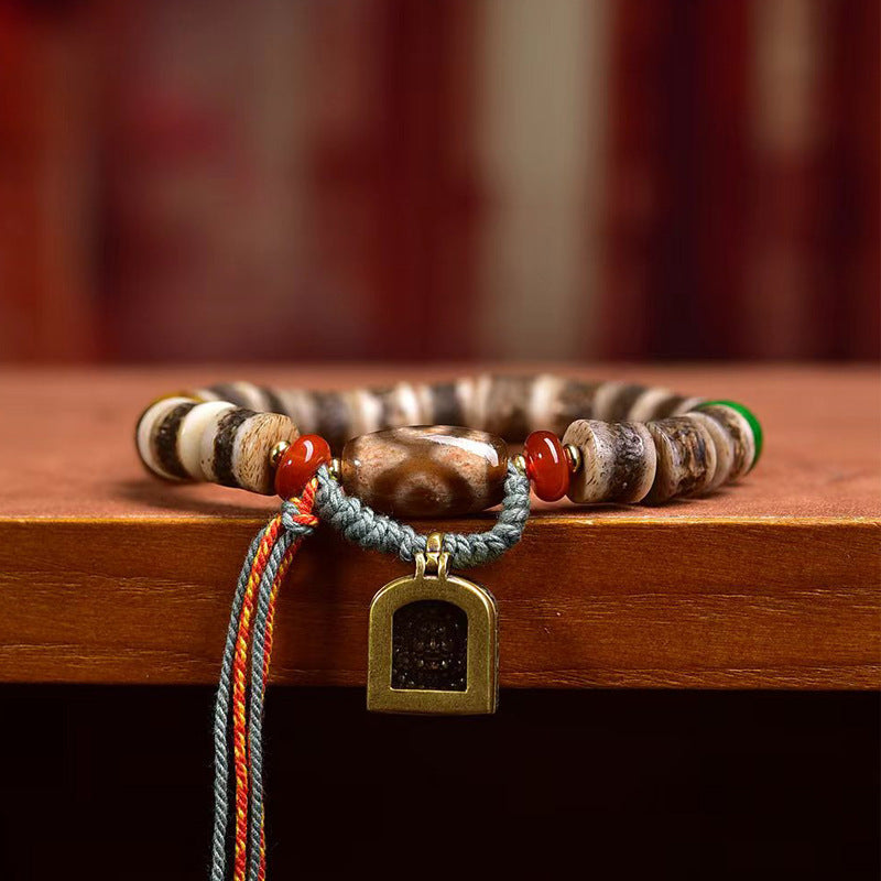 Tibetan Yak Bone Bracelet with Agate Dzi Beads & Snow Baga Beads – Handcrafted Tibetan-Style Bracelet
