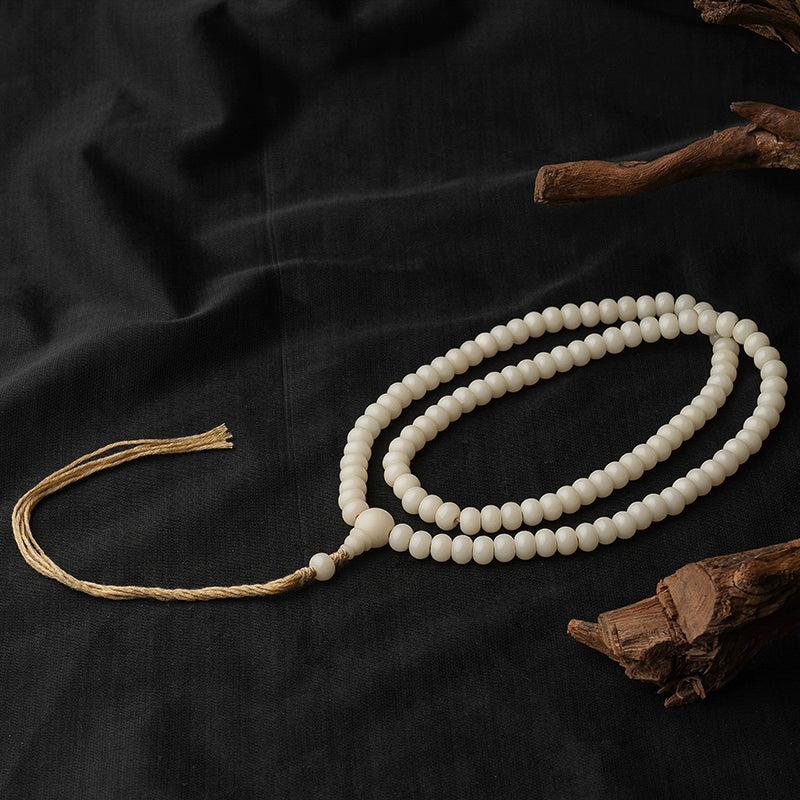 6.4mm*9mm White Jade Bodhi 108 Bead Mala Bodhi Seed Prayer Beads