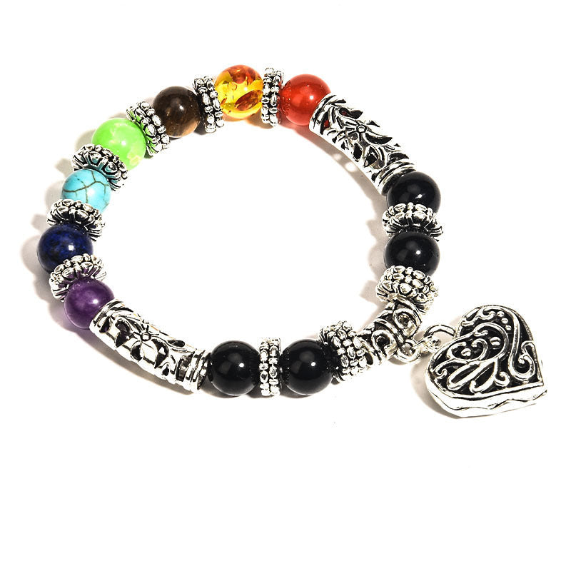 Healing Chakra Bracelet for Meditation Matte Agate Charm Heart Gemstone Health Bracelet