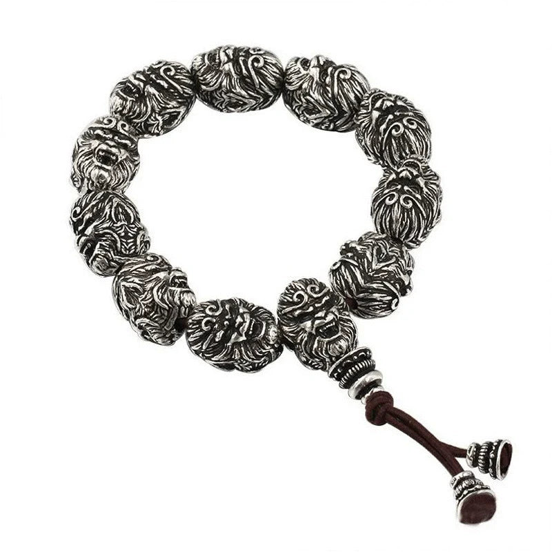 Bracelet vintage en argent pour homme avec perles représentant le Bouddha combattant Sun Wukong