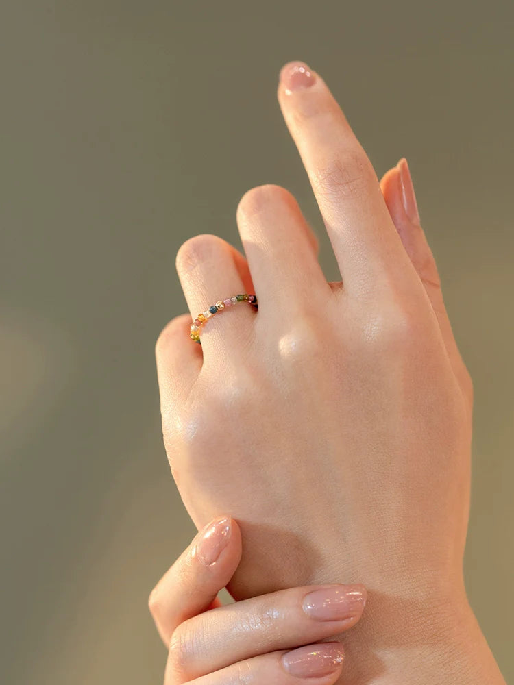 Ultra-fine 2mm Raw Stone Rainbow Tourmaline Ring