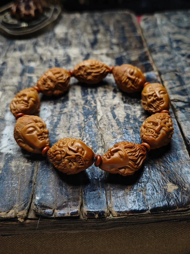 Buddha & Demon Carved Olive Pit Beads Buddha Bracelet for Meditation