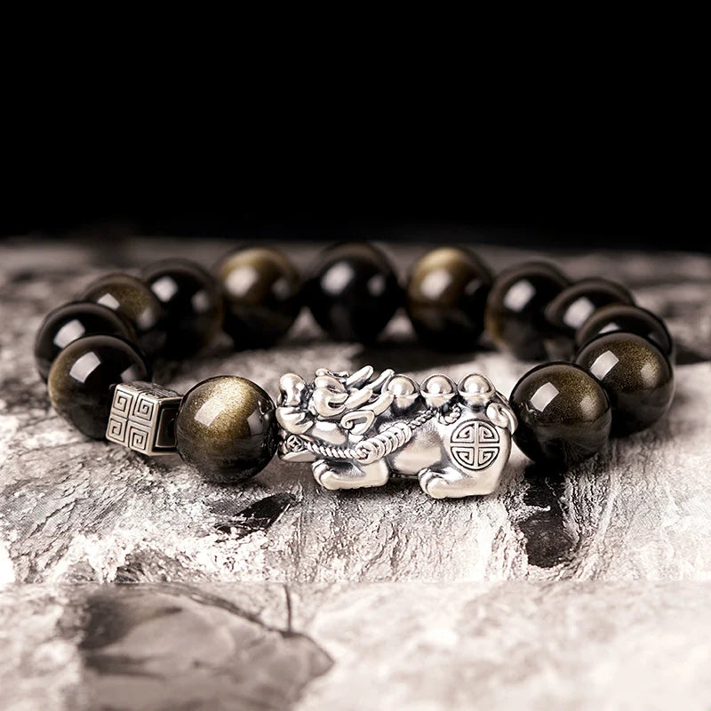 Bracelet Feng Shui en argent pur, bracelet Pixiu, bracelet en obsidienne noire pour homme