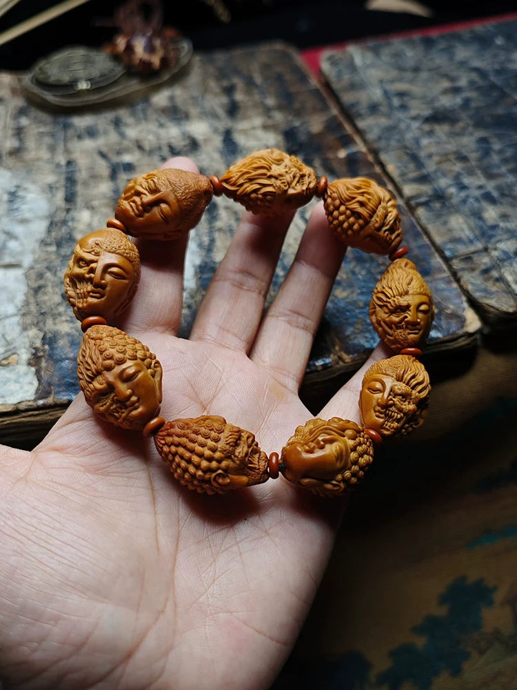 Buddha & Demon Carved Olive Pit Beads Buddha Bracelet for Meditation