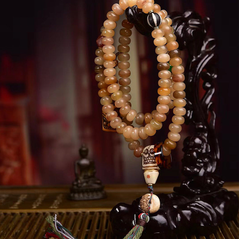 Collier de prière bouddhiste tibétain traditionnel avec 108 perles de mala en corne de mouton