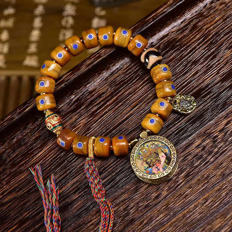 Tibetan Old Silver and Lapis Lazuli Inlaid Bracelet with Small Tangka Pendant – Tibetan Yak Bone Bracelet