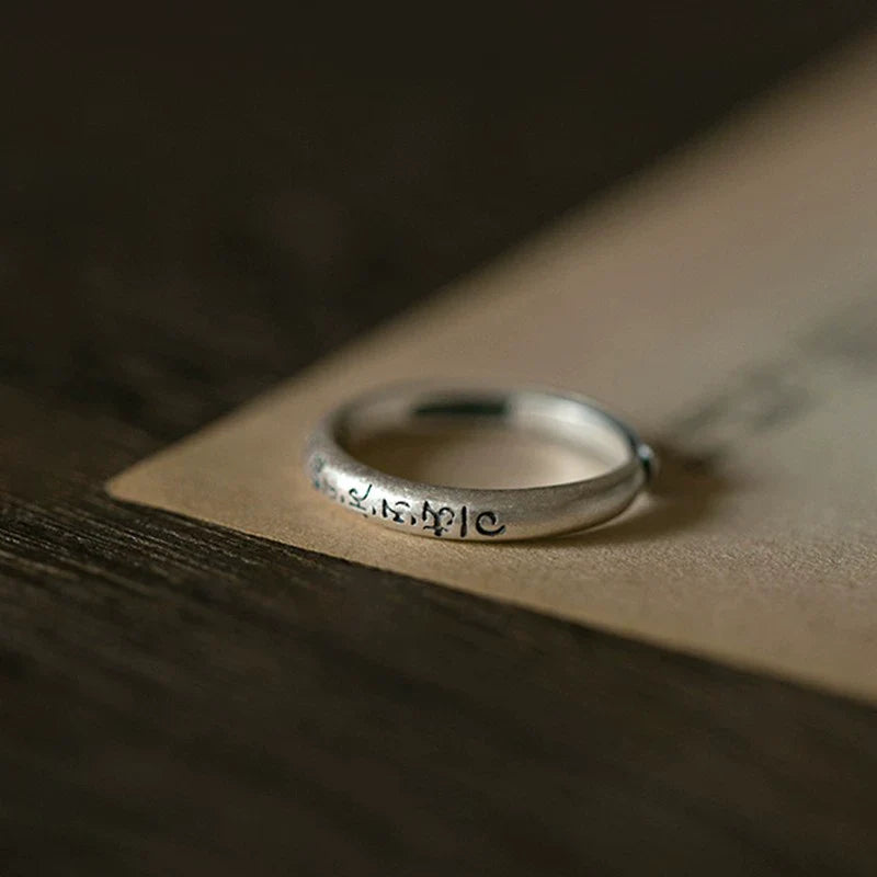 Tibetan Six-Syllable Mantra Adjustable Matte Silver Ring