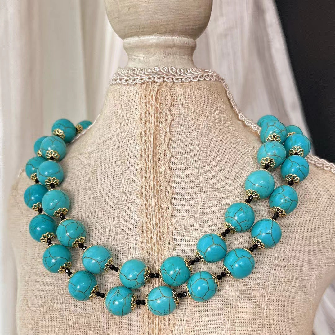Ensemble de bijoux vintage en turquoise artificielle, collier, bracelet et pierres précieuses pour femme