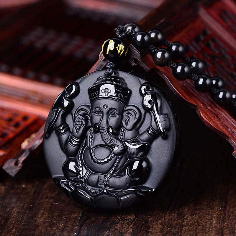 Pendentif Seigneur Ganesh en obsidienne - Collier pour le succès