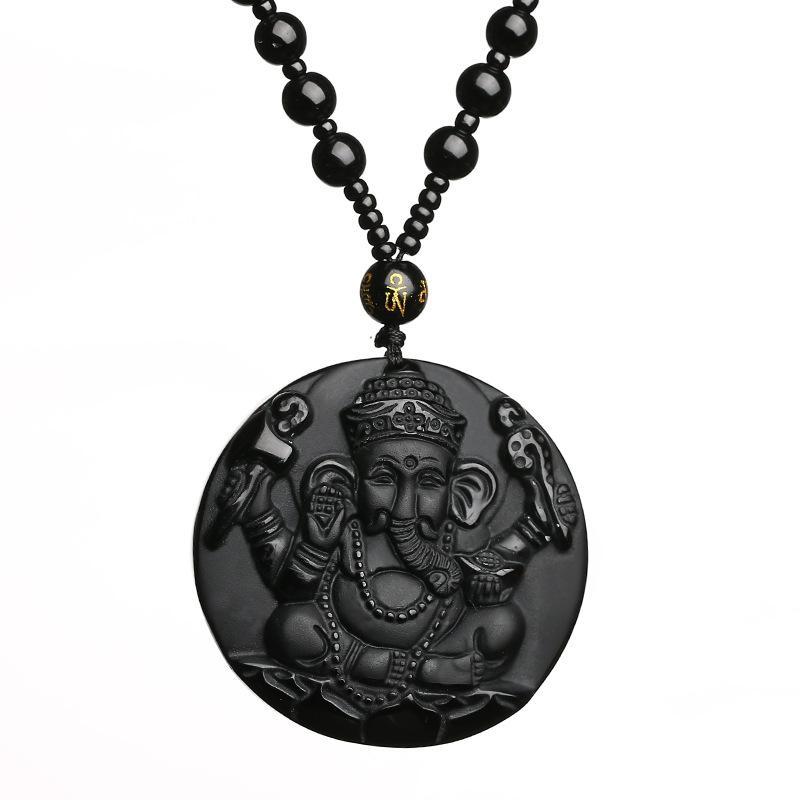 Pendentif Seigneur Ganesh en obsidienne - Collier pour le succès