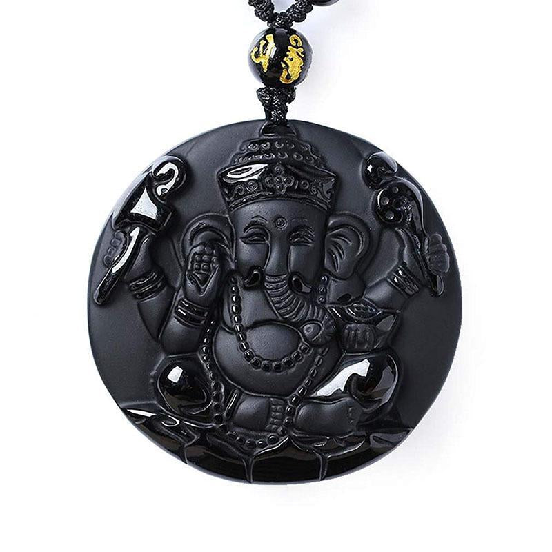 Pendentif Seigneur Ganesh en obsidienne - Collier pour le succès