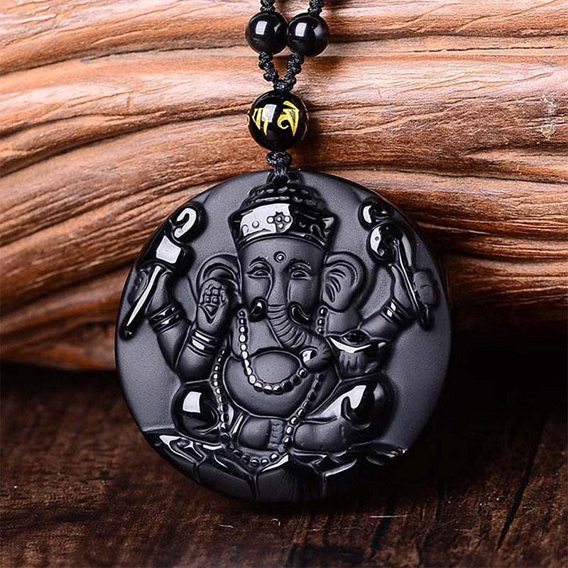 Pendentif Seigneur Ganesh en obsidienne - Collier pour le succès