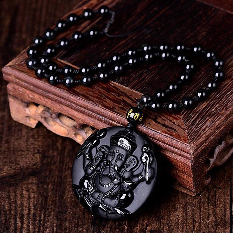 Pendentif Seigneur Ganesh en obsidienne - Collier pour le succès
