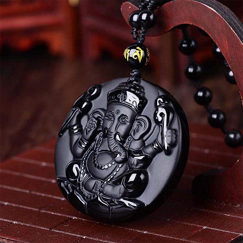 Pendentif Seigneur Ganesh en obsidienne - Collier pour le succès