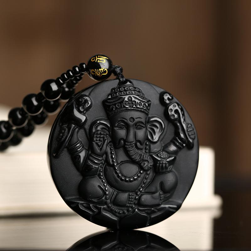 Pendentif Seigneur Ganesh en obsidienne - Collier pour le succès