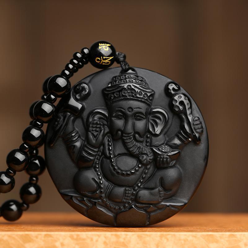 Pendentif Seigneur Ganesh en obsidienne - Collier pour le succès
