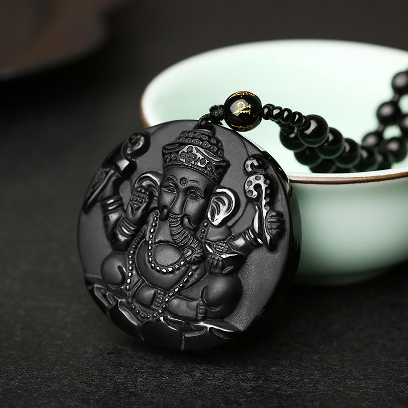 Pendentif Seigneur Ganesh en obsidienne - Collier pour le succès