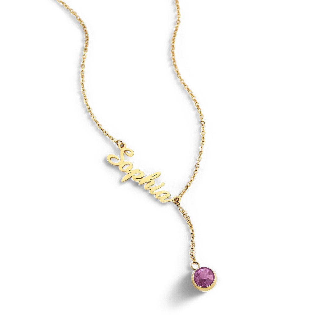 Collier Lariat avec pierre de naissance et nom