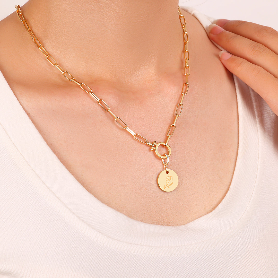 Breloque disque fleur de naissance gravée