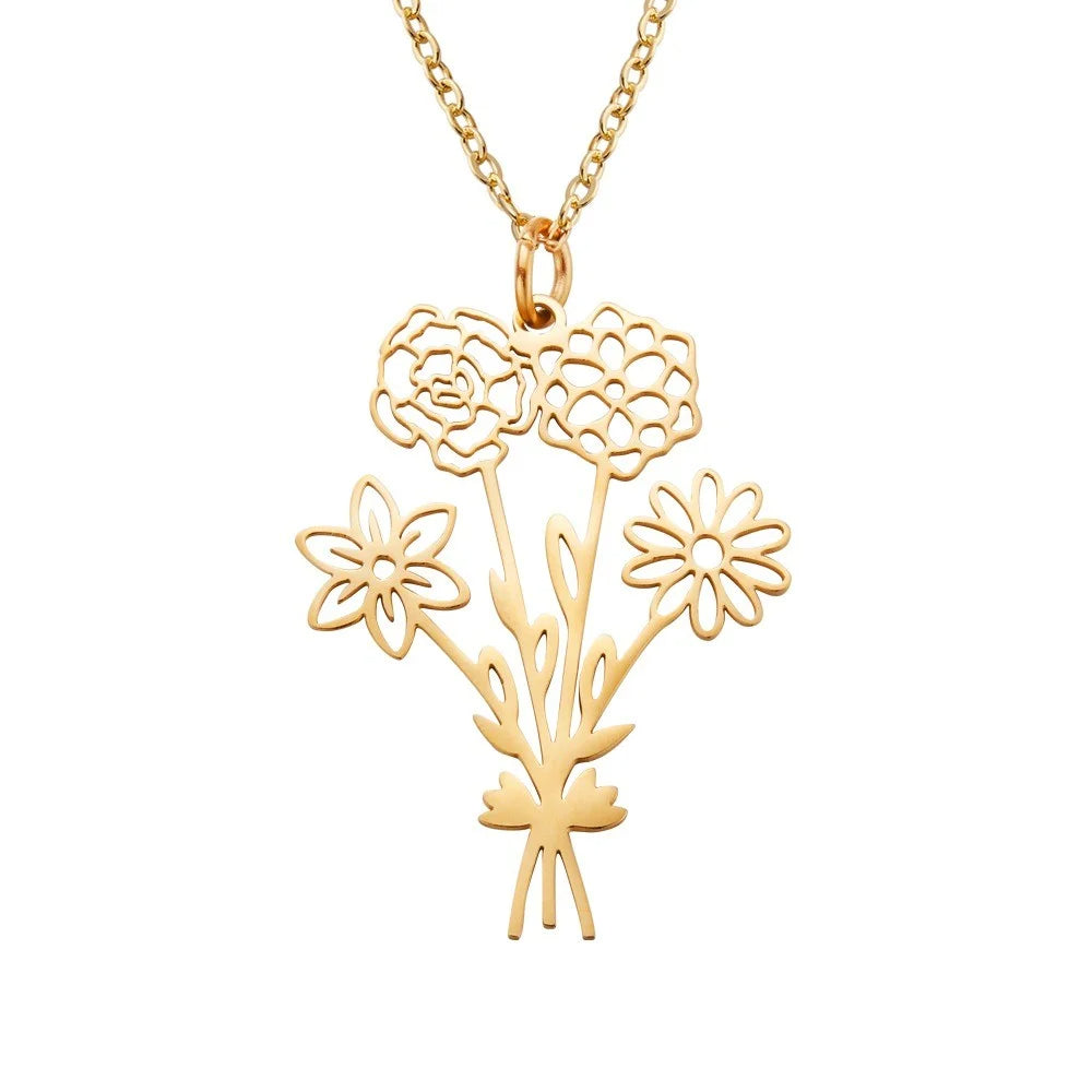 Personalized 2-6 Birth Flowers Bouquet Necklace
