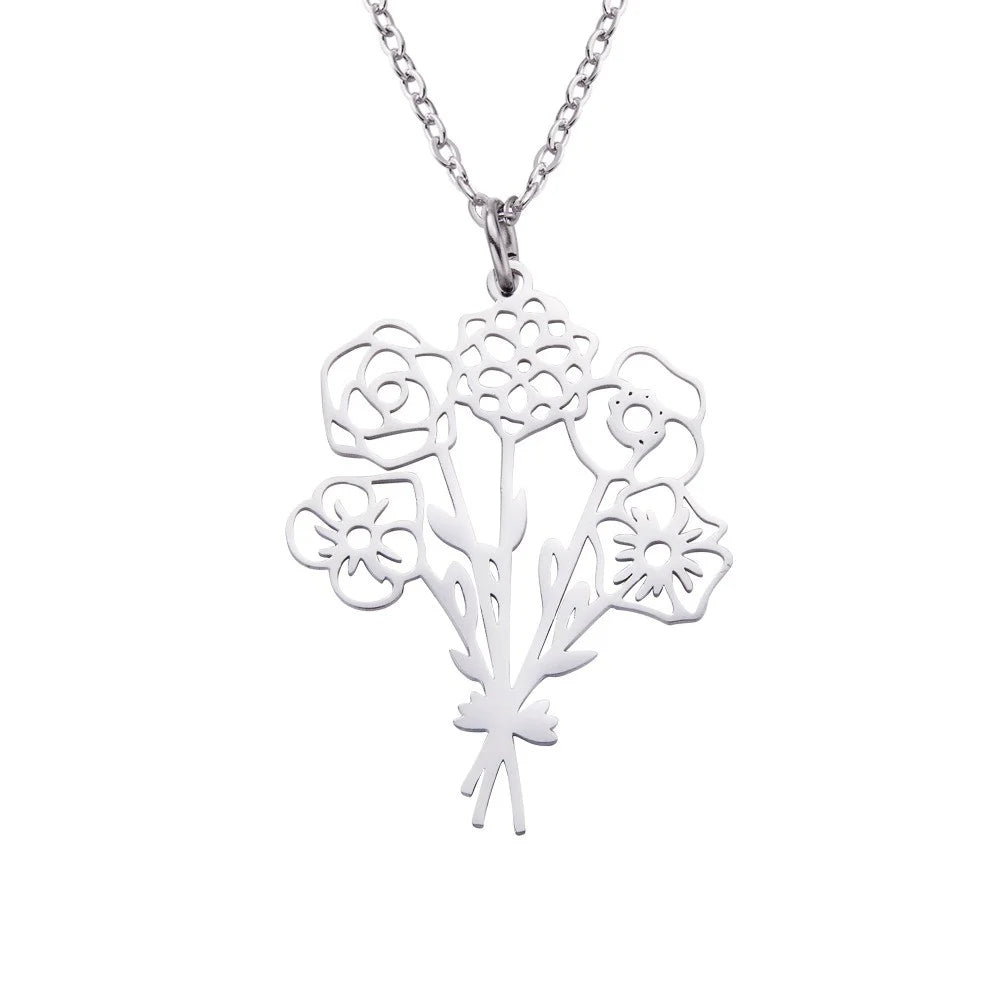 Personalized 2-6 Birth Flowers Bouquet Necklace