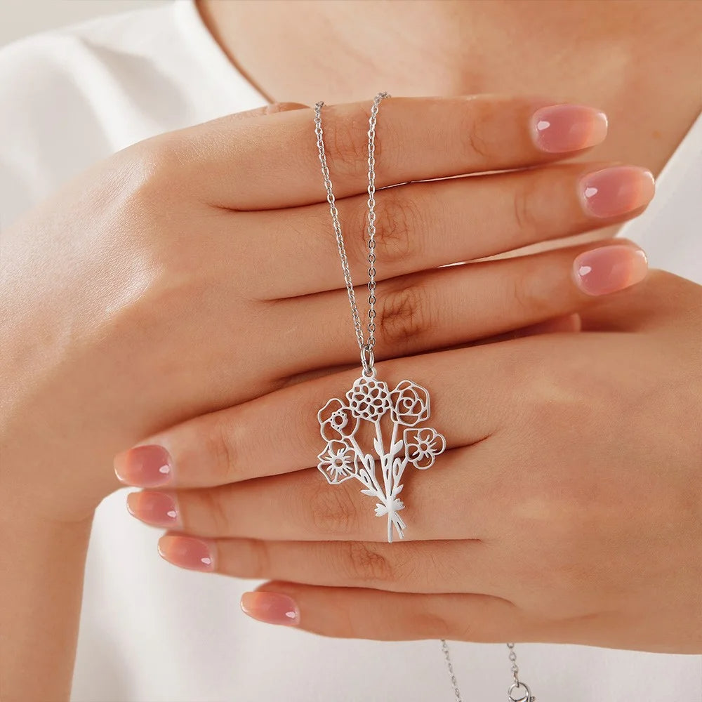 Personalized 2-6 Birth Flowers Bouquet Necklace