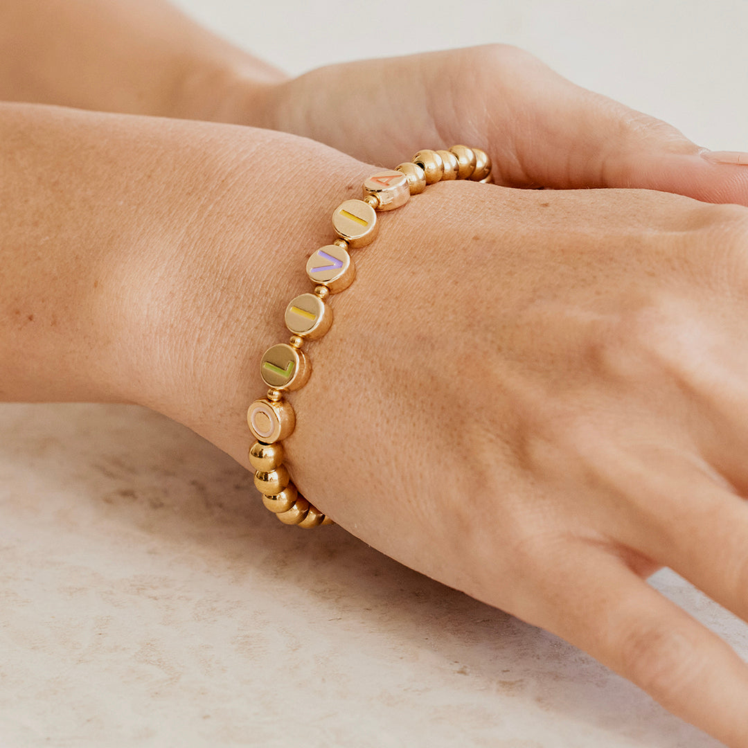Custom Rainbow Letter Gold Disc Bead Bracelet