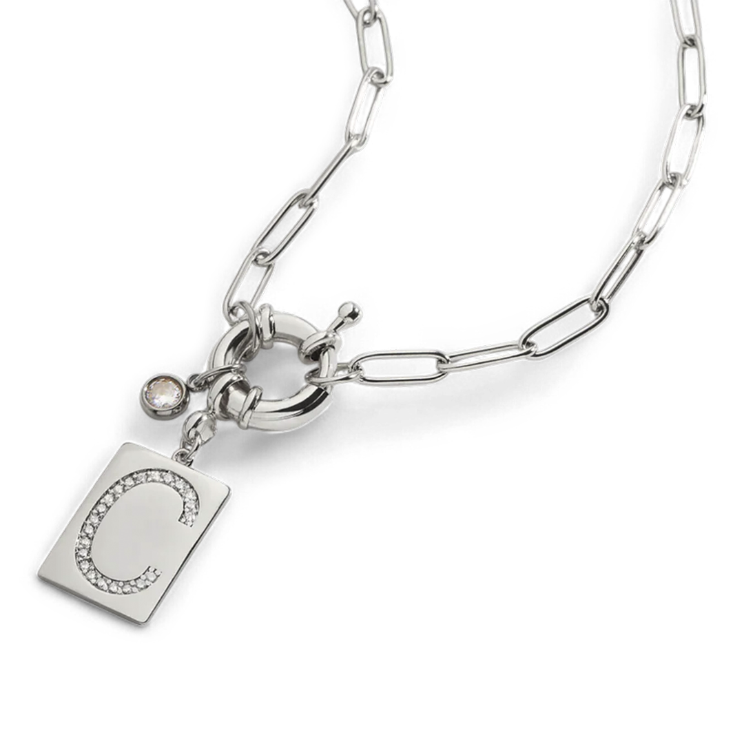 Pave Initial Pendant Necklace with Paperclip Chain