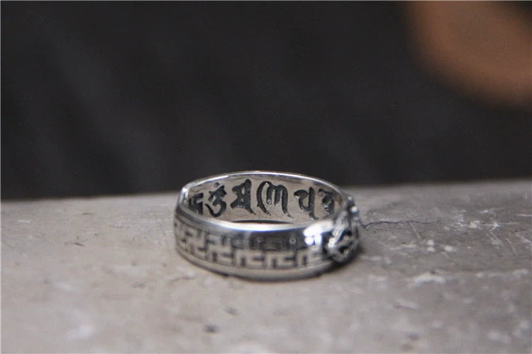 S925 Sterling Silver Six-Character Mantra Vajra Pestle Ring, Adjustable Opening