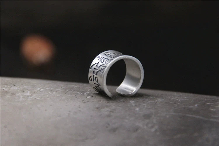 Bague rétro en argent S999 mat à six caractères avec mantra pour hommes et femmes, design à anneau ouvert
