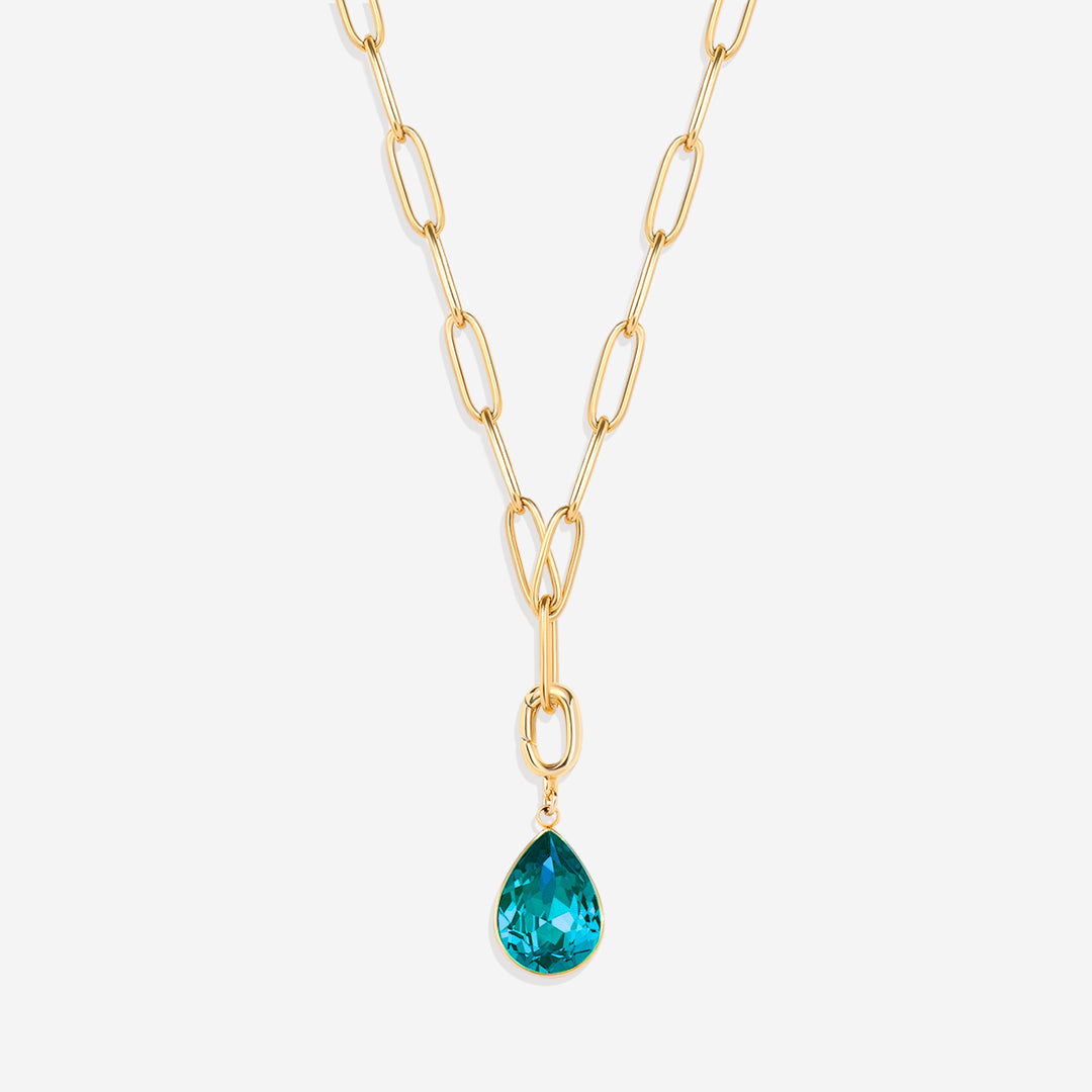 Collier trombone menthe et breloque pierre de naissance en forme de larme