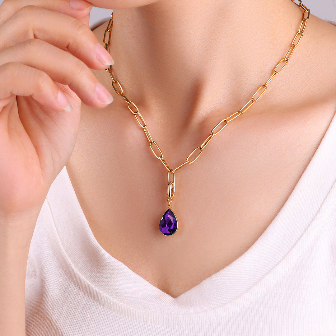 Collier trombone menthe et breloque pierre de naissance en forme de larme