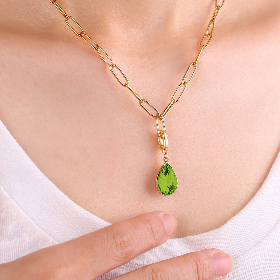 Collier trombone menthe et breloque pierre de naissance en forme de larme