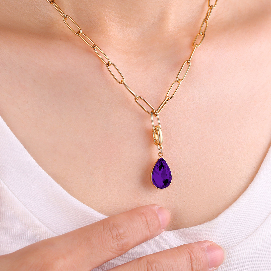 Collier trombone menthe et breloque pierre de naissance en forme de larme