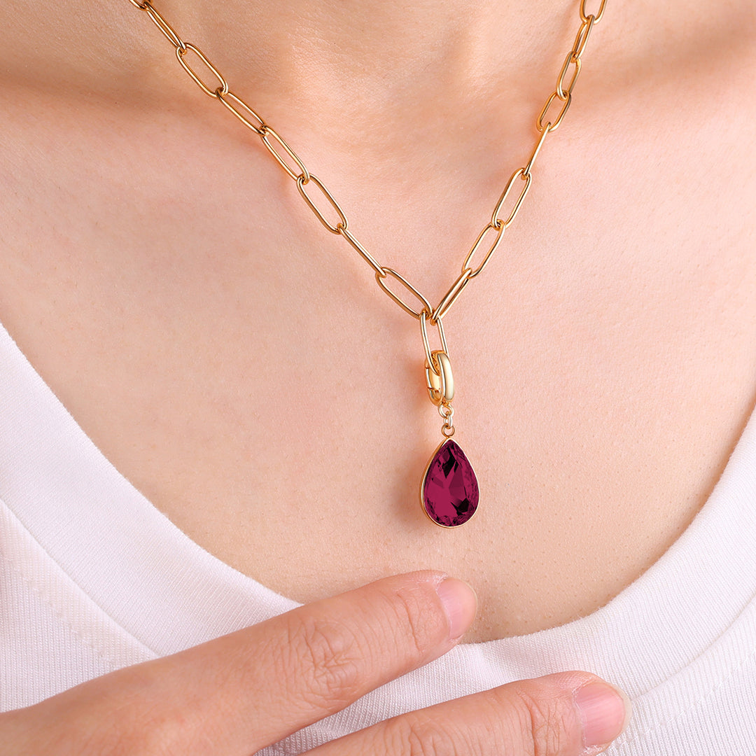 Collier trombone menthe et breloque pierre de naissance en forme de larme