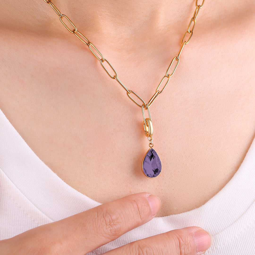 Collier trombone menthe et breloque pierre de naissance en forme de larme