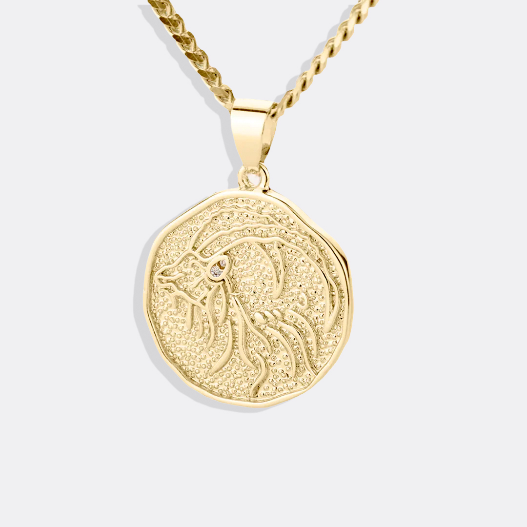 Collier avec pendentif en forme de pièce de monnaie représentant un signe astrologique