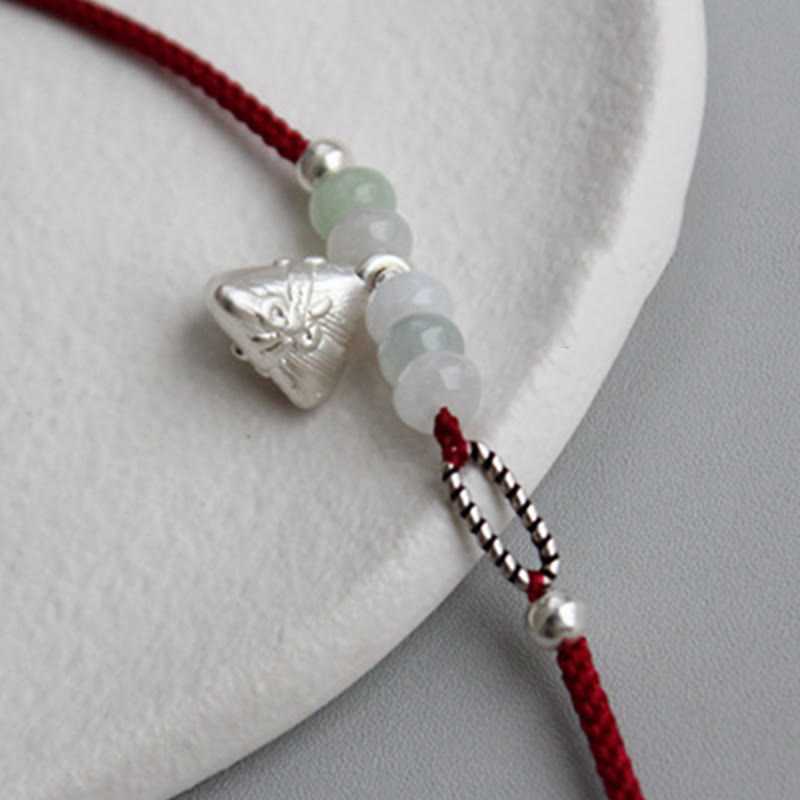 Bracelet d'abondance en argent sterling 925 et jade rouge avec breloque Zongzi