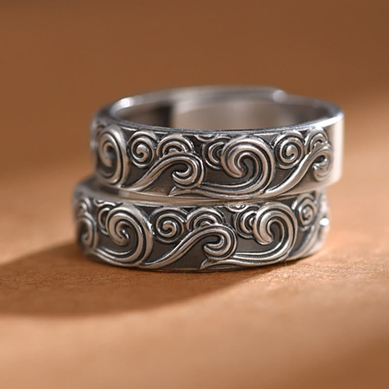 Bague ajustable en argent sterling 999 avec gravure de nuages de bon augure et pierres de Bouddha