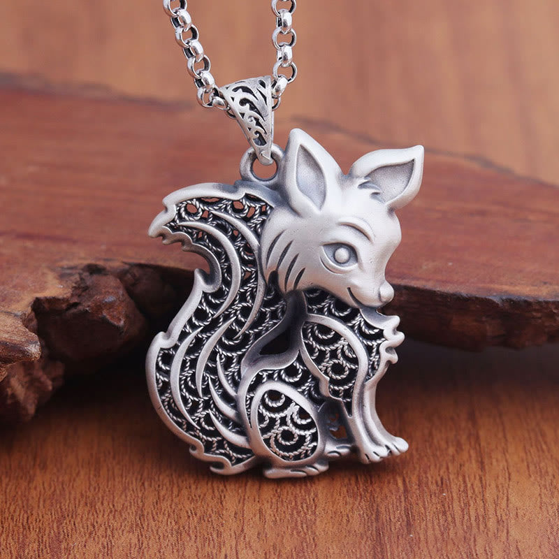 Collier de bénédiction double face en argent sterling 999 du Tibet, motif renard
