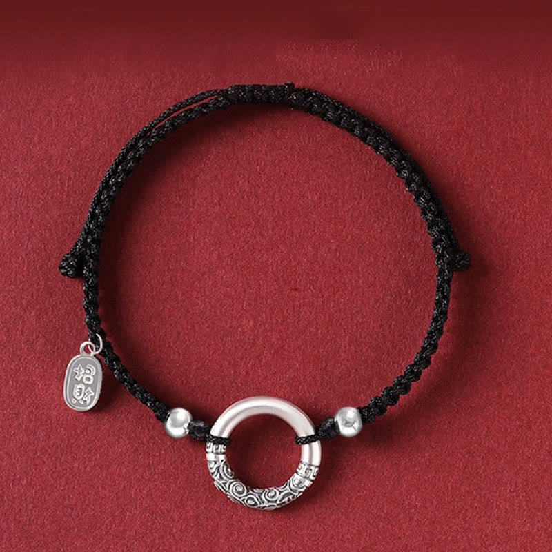 Bracelet à breloques en argent sterling 925 et onyx noir avec boucle de paix et personnage Fu
